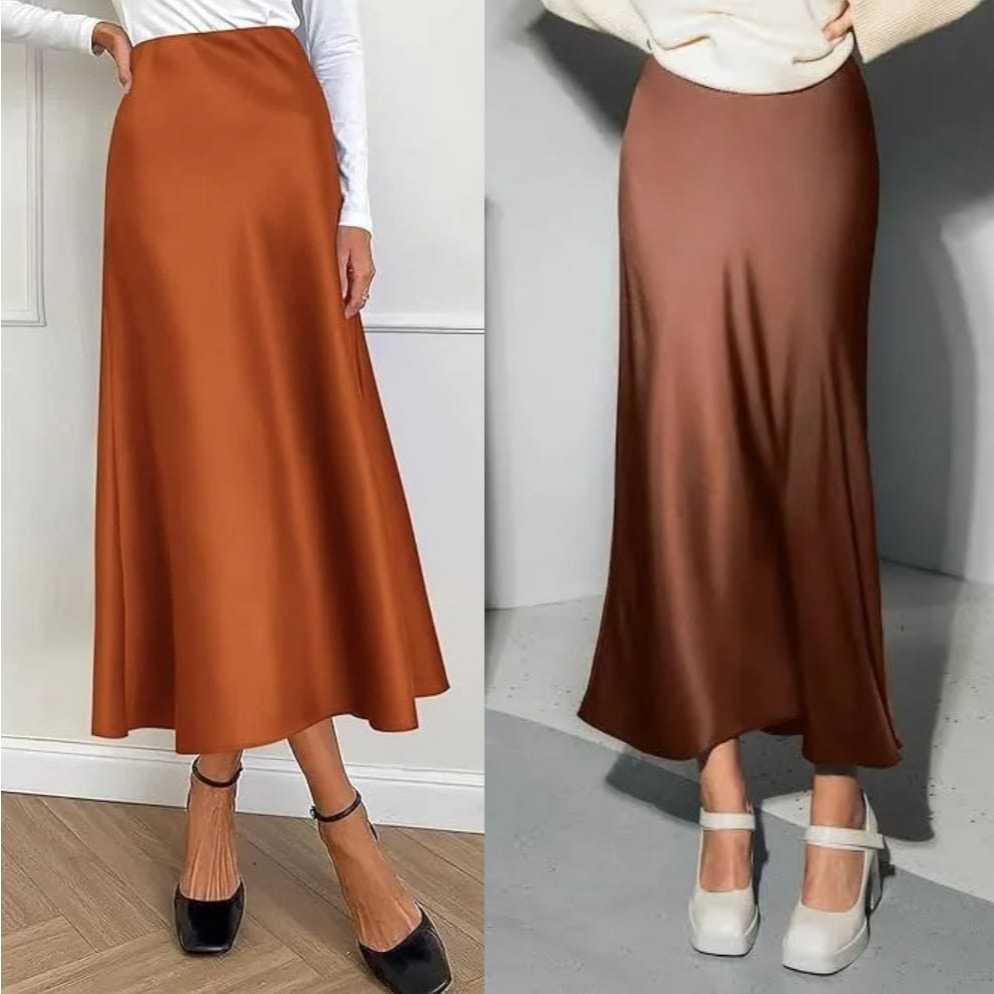 Saia Feminina Midi Cintura Alta Cetim Crepe Zíper na Lateral Elástico na Cintura Moda Evangélica