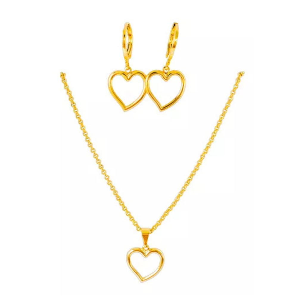 Conjunto Corações Vazado Brinco E Colar - banhado a Ouro 18k