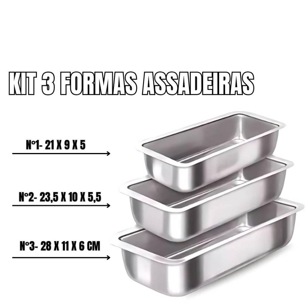 Kit com 3 Formas Assadeiras Pão Inglês Retangular Nº1 Nº2 e Nº3 Alumínio - Estamparia Leste