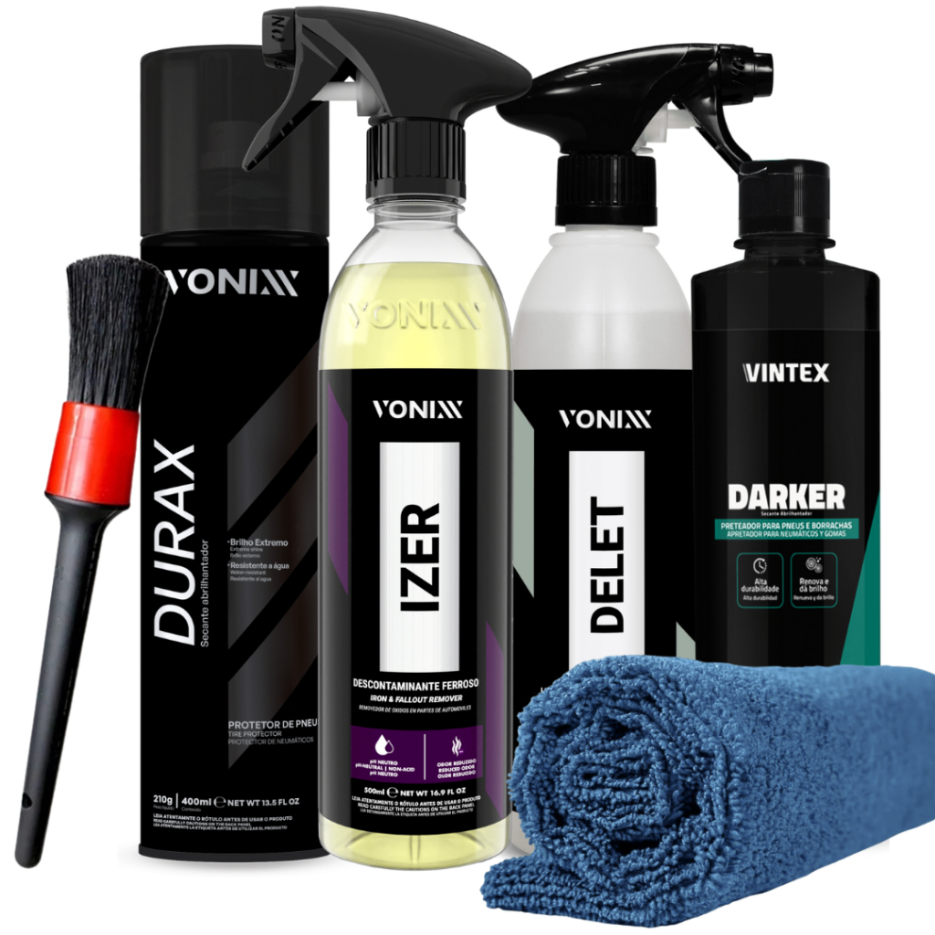 Kit Pneus Izer + Delet + Durax + Vintex Darker + Pincel + Pano – Limpeza Técnica e Proteção Externa