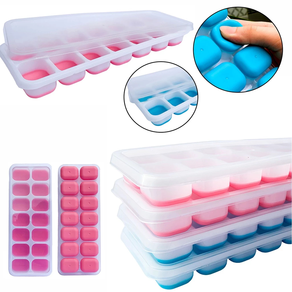 Kit 4 Formas de Gelo de Silicone Com Tampa Rígida 14 Cubos Cada – Flexível Reutilizável Lavável em Oferta na Shopee