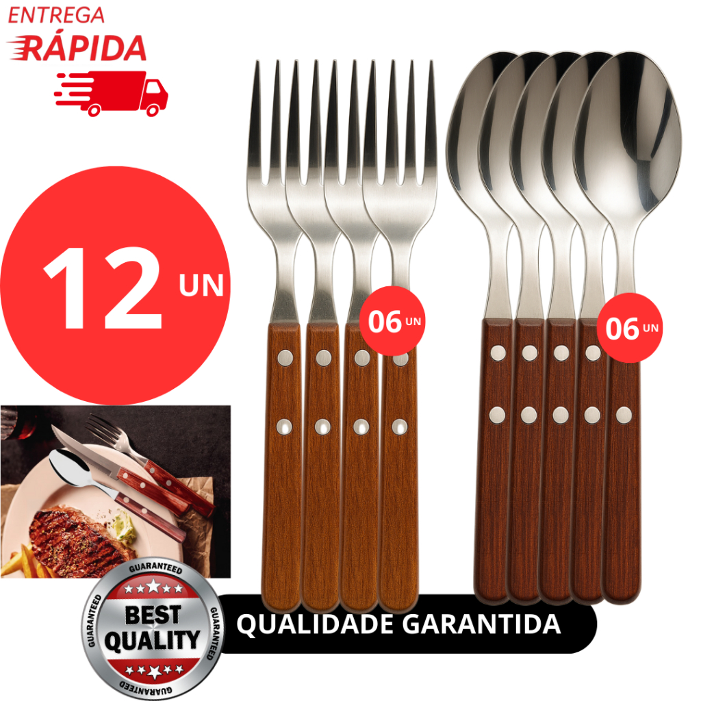 Jogo Kit 12 Peças De Garfo e Colher Talher de Mesa Cabo Madeira em Aço Inox Restaurante Jantar