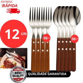Jogo Kit 12 Peças De Garfo e Colher Talher de Mesa Cabo Madeira em Aço Inox Restaurante Jantar