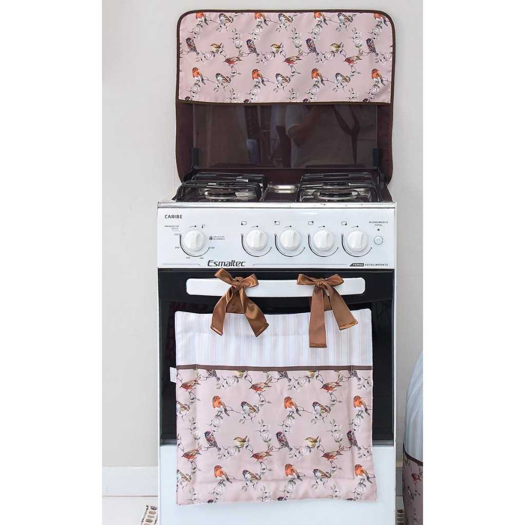 Kit para Fogão 04 Bocas Cortina Forno + Capa da Tampa Vidro - Estampa Passarinhos