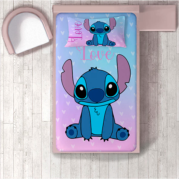 JOGO DE LENÇOL SOLTEIRO INFANTIL STITCH FRONHA TRAVESSEIRO, LENÇOL DE ELASTICO ESTAMPADO