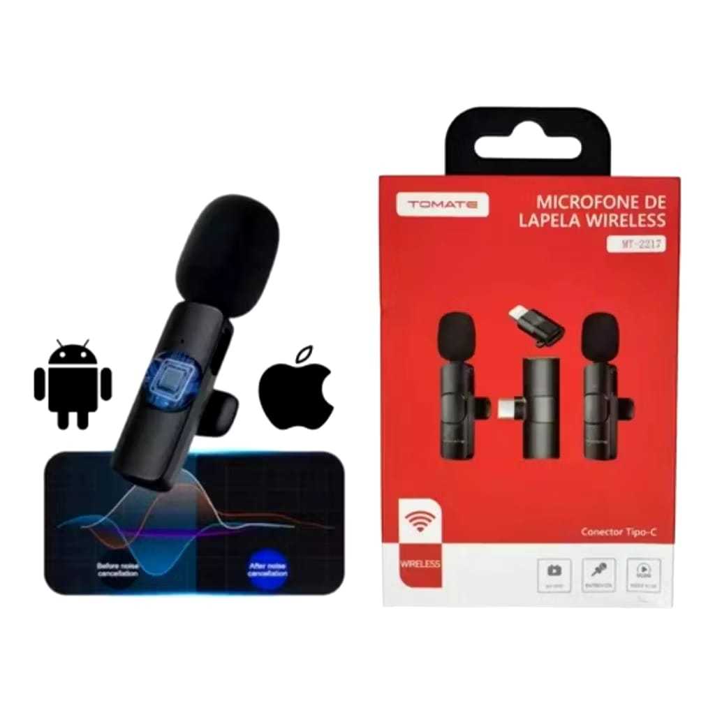 Microfones de Lapela Duplo Tipo C/Sem Fio  c/1 Receptor+Adaptador Lightning P/Iphone MT-2217 Tomate