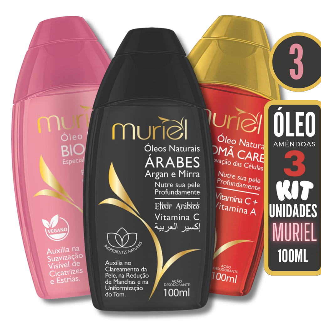 Kit 3 Óleo de Amêndoas Muriel 100ml ( Colágeno / Baunilha / Avelã) em Oferta na Shopee