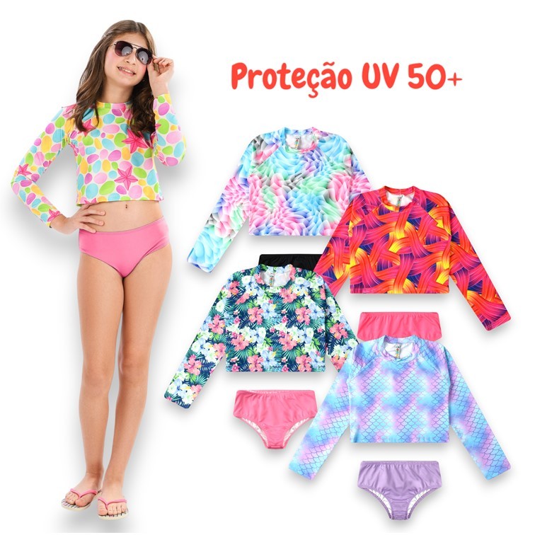 Conjunto Camiseta Cropped e Biquini Infantil Com Proteção UV50+ Moda Praia e Piscina. Menina Verão