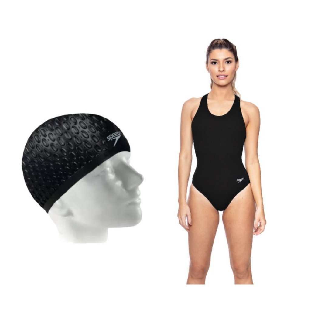 kit Natação Maiô Speedo Cross Costas Cruzadas + Touca Water Drops Silicone Cabelos Volumosos