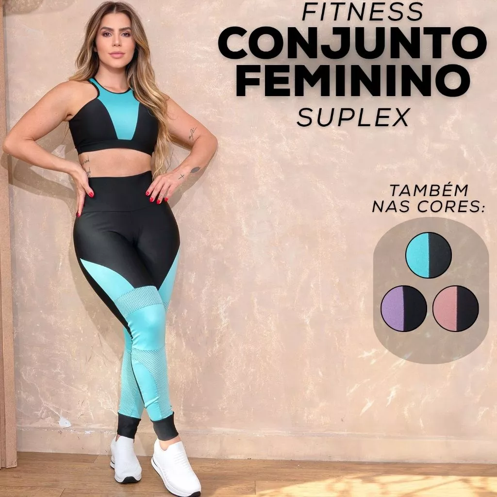 Conjunto Academia Confort Feminino Detalhes Em Tela Top Cropped Sem Bojo Calça Leg Modeladora Cintura — imagem 1