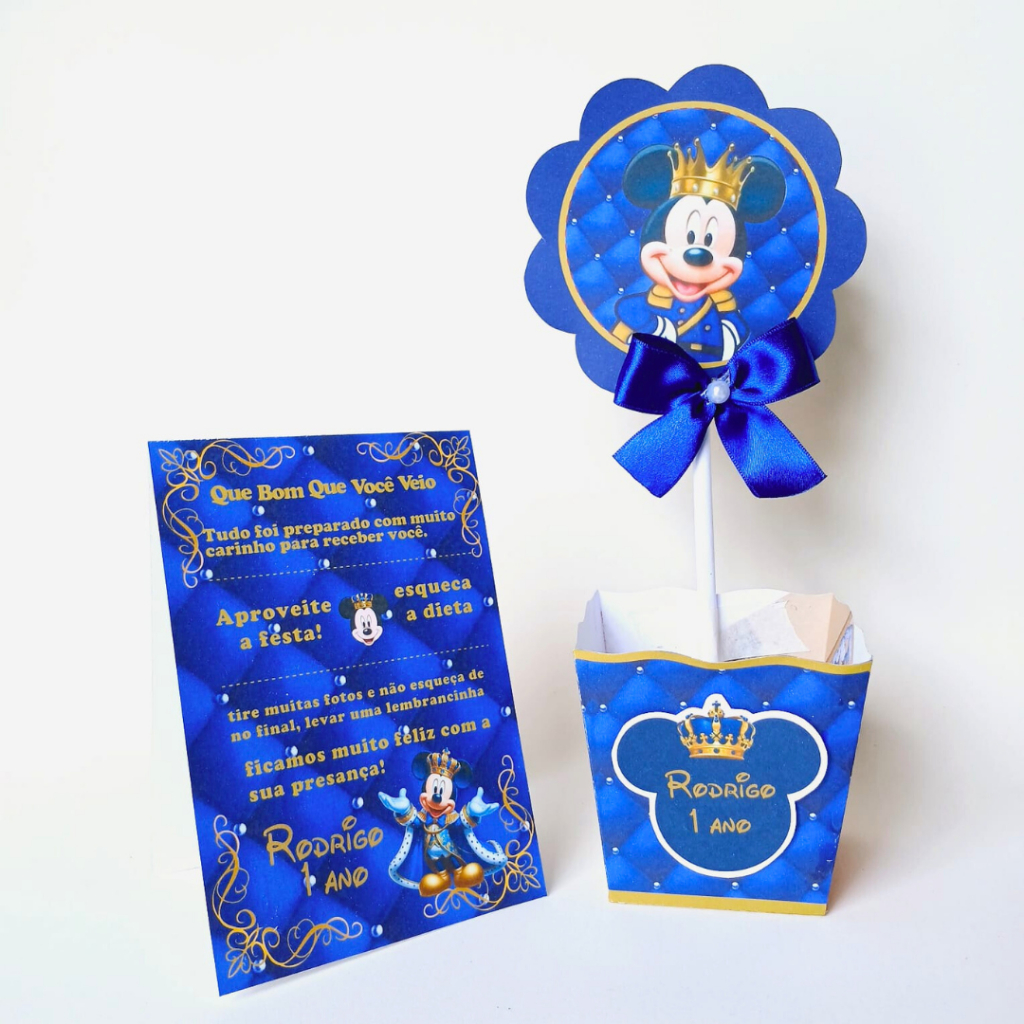 Combo Centro de mesa + Plaquinha Mickey Realeza -Lembrancinha/Personalizado/Decoração/Festa Infantil
