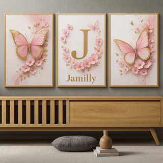 Kit 3 Quadro Personalizados Com Seu Nome Borboletas e Flores Rosa Decoração Parede Quarto Menina em Oferta na Shopee