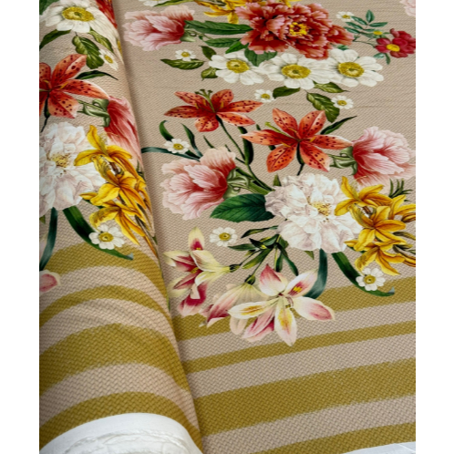 Viscose Sisal Floral Quadro 60cm barrado listrado bilateral flores estampa tecido estampado bege