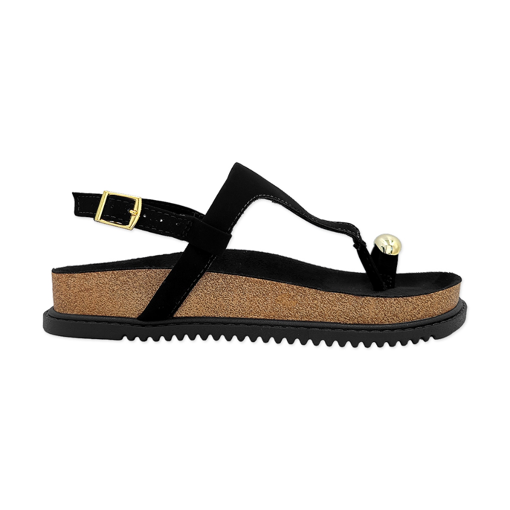Sandália Feminina detalhe dedo dourado Ring Toe Confortável Papete Salto Baixo Plataforma Flatform
