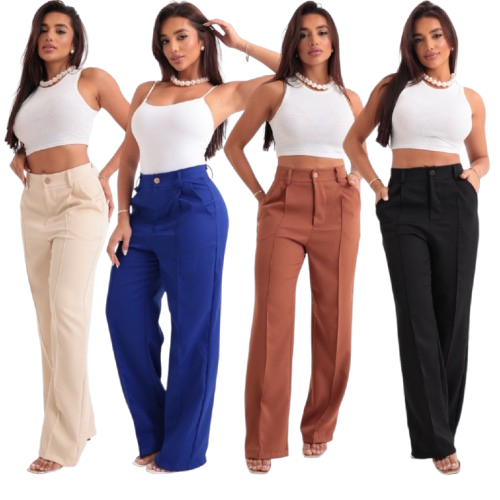 Calça Feminina Reta Alfaiataria Cintura Alta Pantalona Original Wide Leg Elastano Premium ...