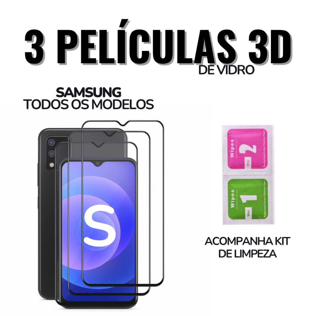 3 Película Samsung S e M de Vidro 3D p/ Todos Galaxy: S23 / S22 / S21 / S20 / M21 / M22 / M31/ Note