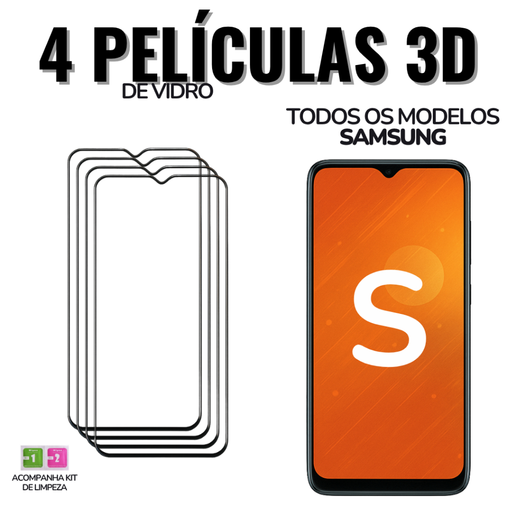 4 Película Samsung S e M de Vidro 3D p/ Todos Galaxy: S23 / S22 / S21 / S20 / M21 / M22 / M31/ Note