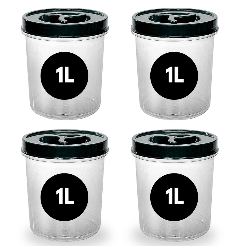 Kit 4 Potes Redondo 1 Litro Transparente Tampa Rosca Pote Mantimento Café Acúçar Bombom BPA FREE em Oferta na Shopee