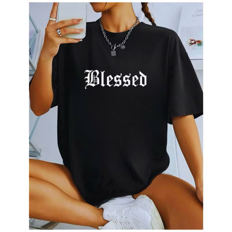 Camiseta Streetwear Oversized Unissex Gola Redonda Estampada Blessed Algodão