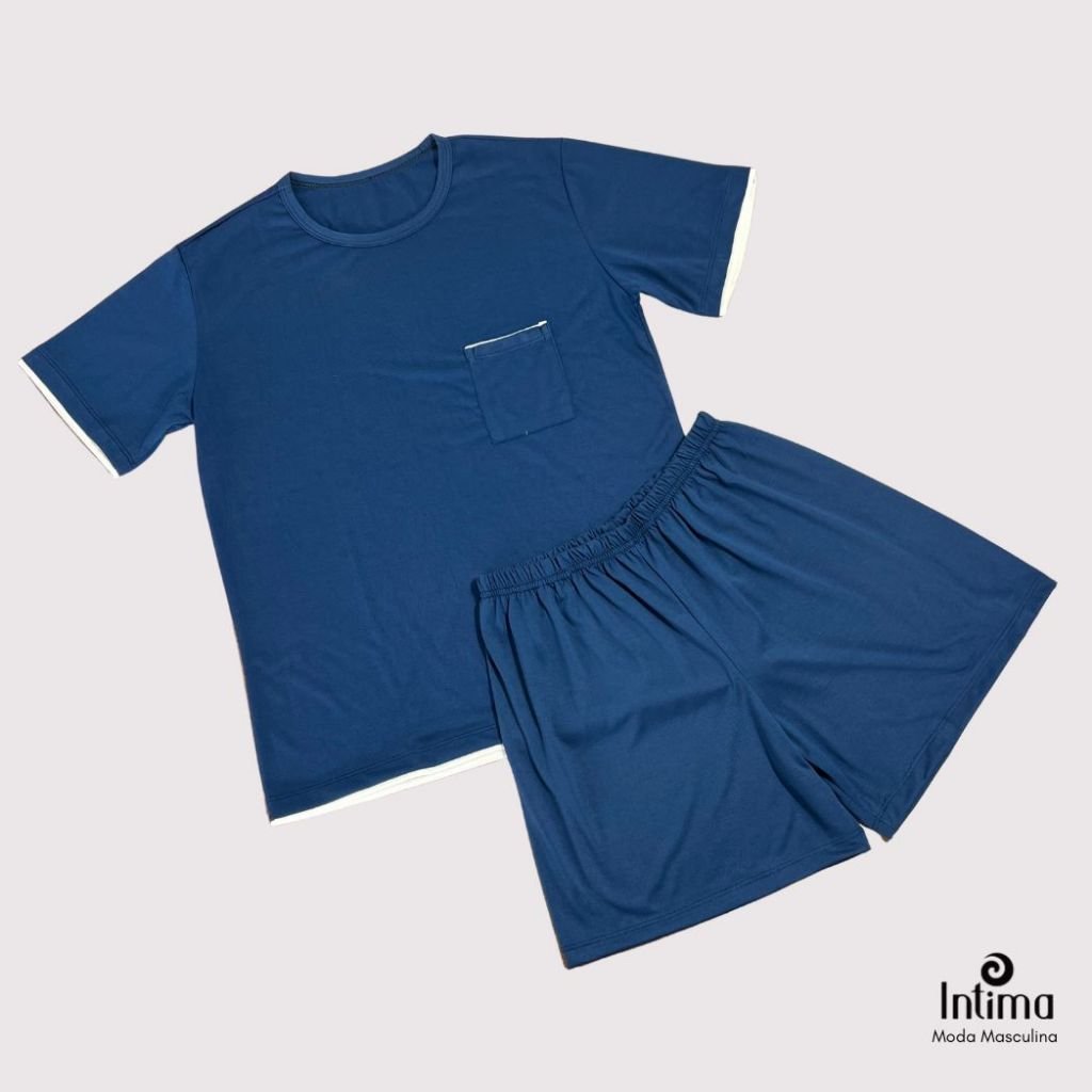 Pijama Masculino Adulto Verão Confortável Manga Short Blusa com Bolso Gola Redonda Fresco