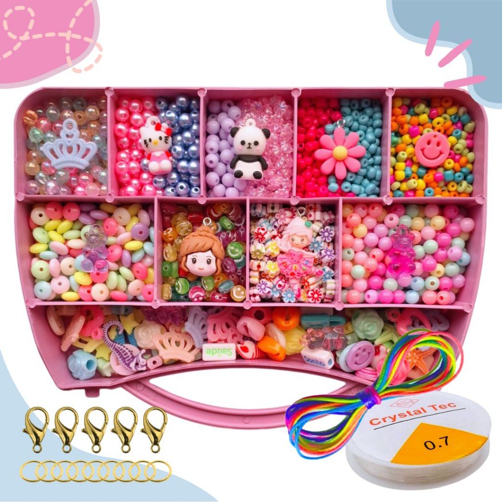 Maleta Kit de Miçangas Infantil para Fazer Pulseira com Fio Silicone/Cetim com Fechos e Argolinhas