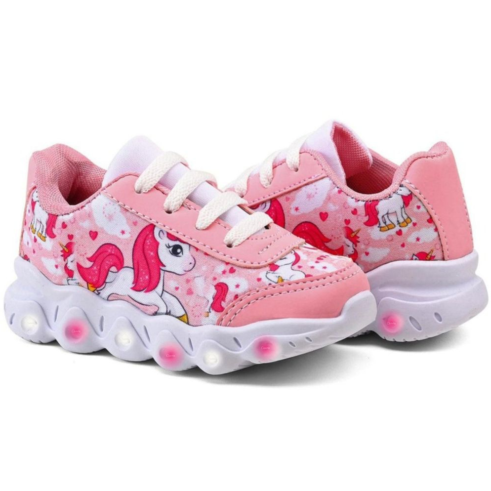 Tênis infantil Menina Unicórnio Rosa Com Led Super Confortável