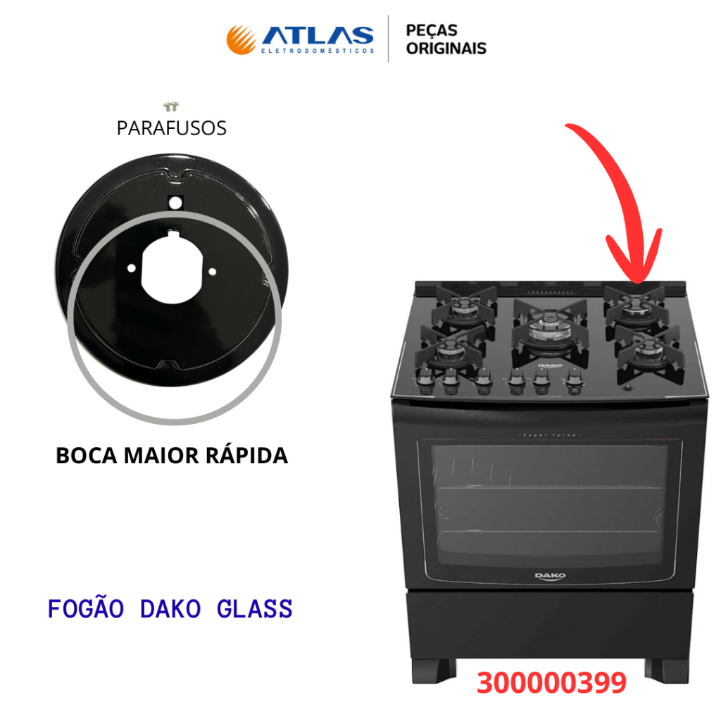 BASE TREMPE RÁPIDA BOCA FUNDO MAIOR FOGÃO DAKO GLASS COD:300000399 PEÇA ORIGINAL ENVIO FULL