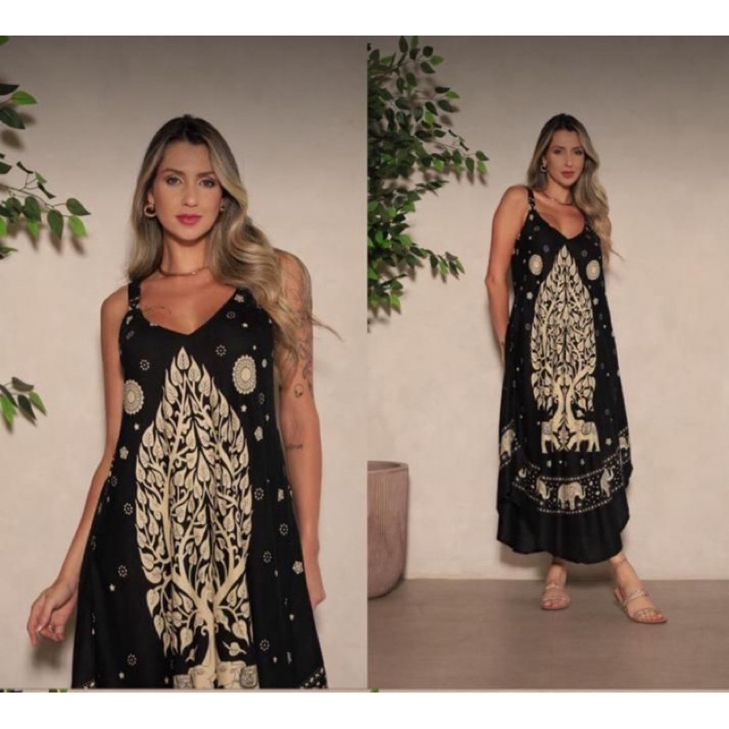 Vestido Trapezio    arvore da vida com bolsos  Tamanho Único veste até 46 em Oferta na Shopee