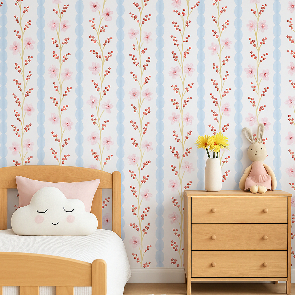 Papel de Parede para quarto de menina Floral Aquarela – com Listras auto colante