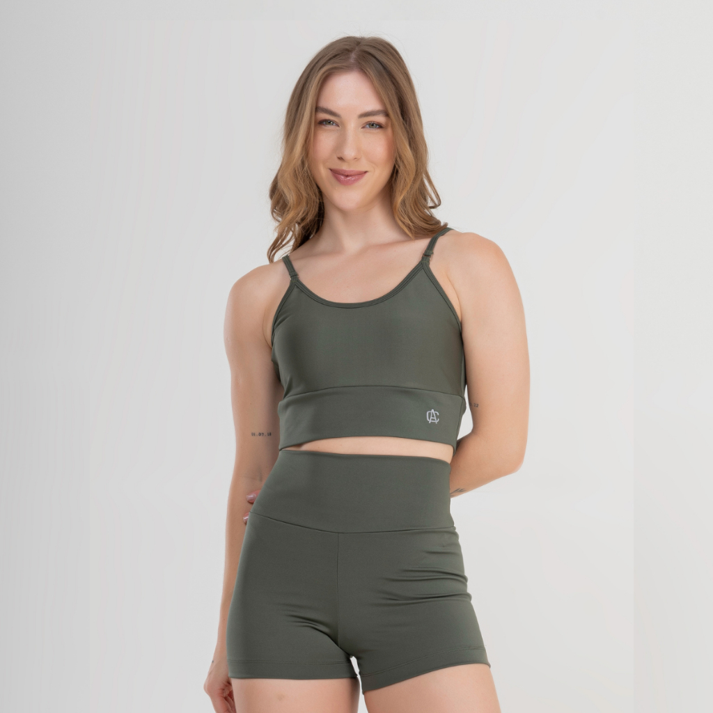 Short Fitness Academia Cintura Alta Zero Transparência Verde Militar