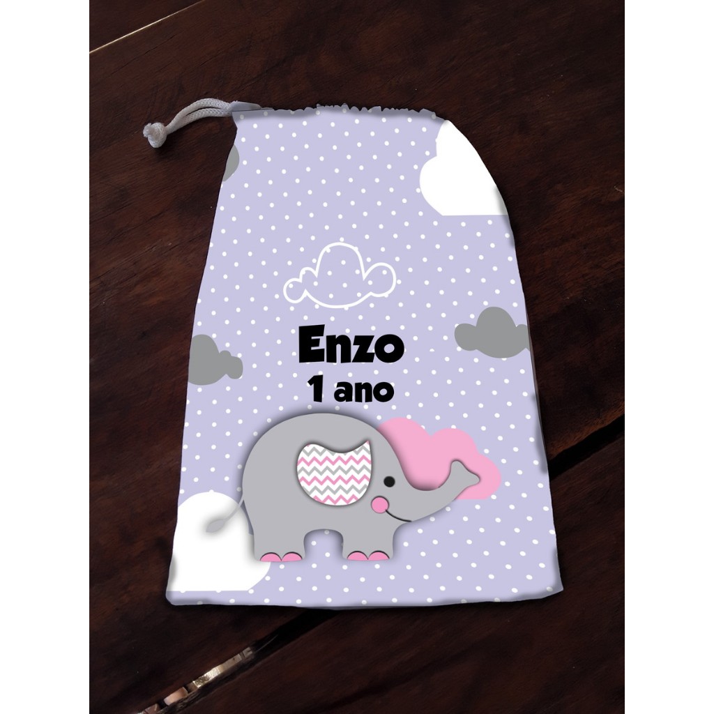 Saquinhos Personalizados para Lembrancinhas de Festa Infantil de tecido - Tema Elefantinho Azul / Elefantinho Rosa
