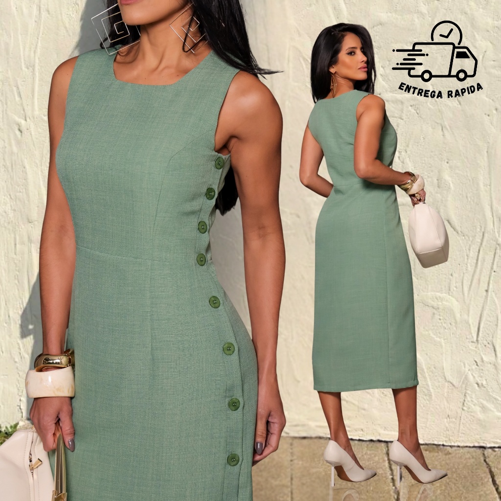 Vestido Casual Liso com Botões laterais luxo em Oferta na Shopee