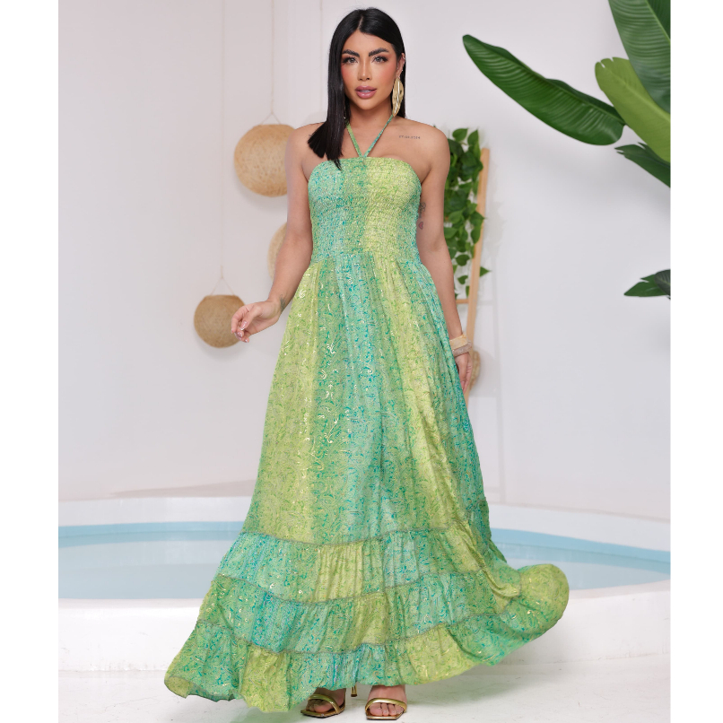 Vestido feminino Com lastex multiforma alça ou tomara que caia, estampado tecido seda em Oferta na Shopee