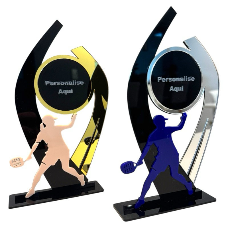 Troféu Beach Tennis Personalizado Acrílico 20cm Aplique Masc/Fem Dourado Prata Bronze Torneio Premiação