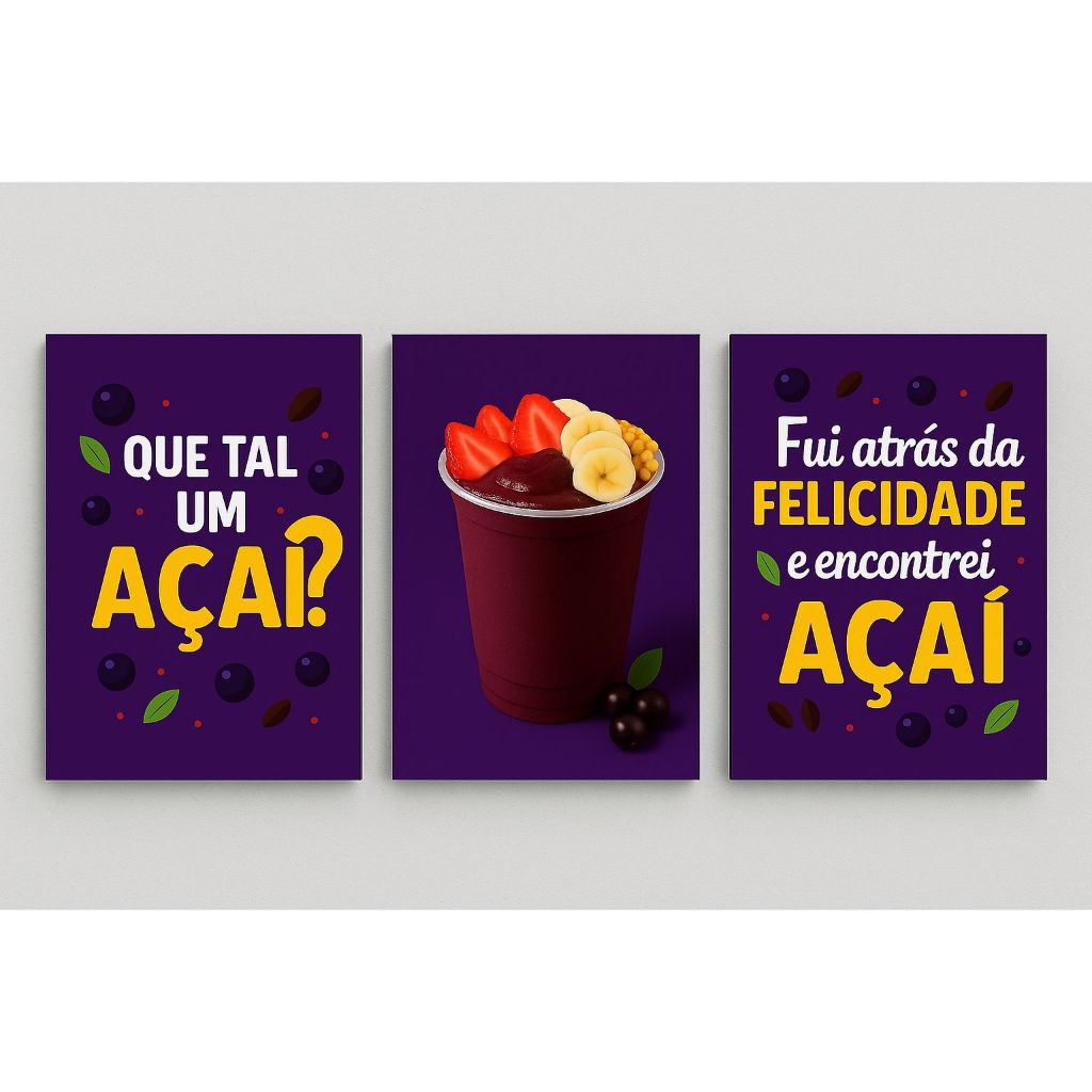 Quadro Decorativo Açaí No Copo Frase Kit 3 Peças MDF Para Açaíteria em Oferta na Shopee