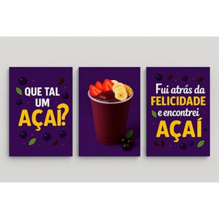 Quadro Decorativo Açaí No Copo Frase Kit 3 Peças MDF Para Açaíteria em Oferta na Shopee