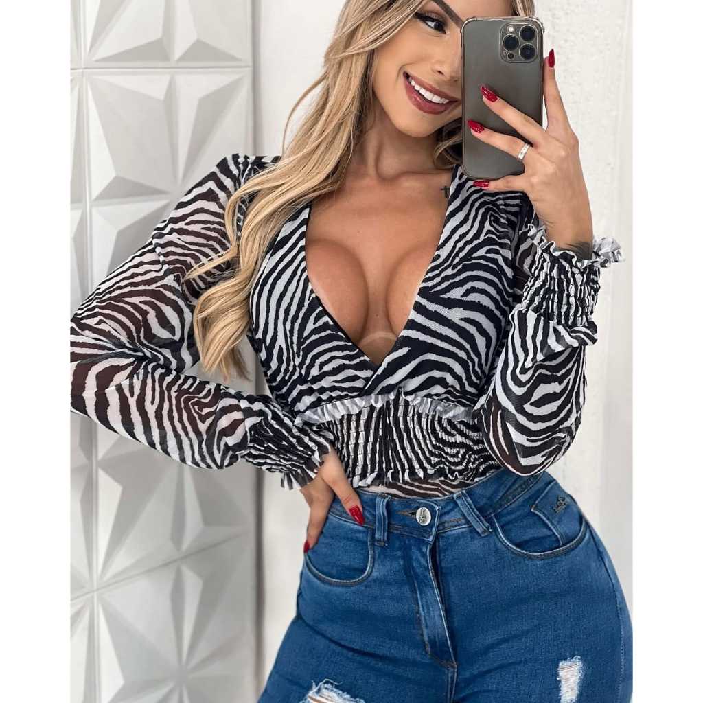 Body Tule Onça Manga Longa / Animal Print Estampa Oncinha Transparente Premium