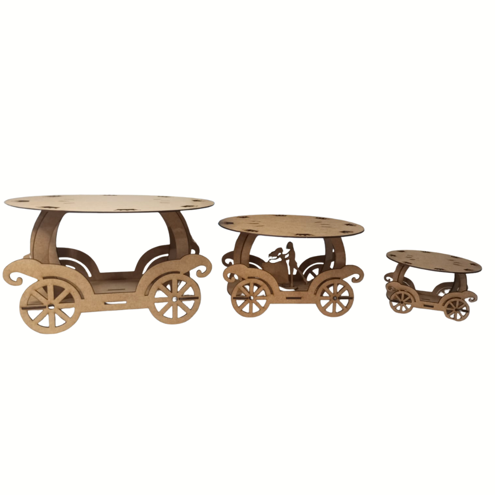 Kit base para bolo MDF Cru – 3 Bandejas carruagem  p/ Bolos, Doces e Decoração