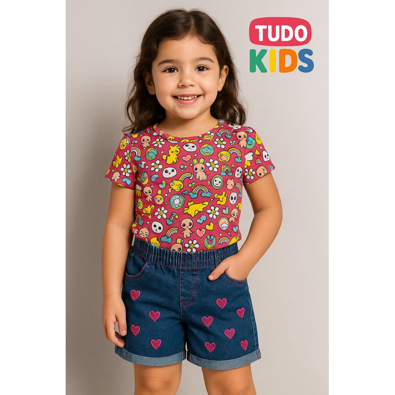 Conjunto Infantil Feminino Blusa Estampada + Short Jeans com Corações | Roupa Menina Verão 2 a 6 Anos