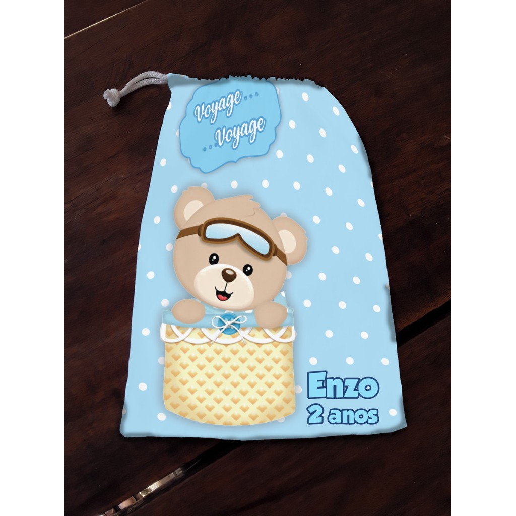 Saquinhos Personalizados para Lembrancinhas de Festa Infantil Tema Ursinho Baloeiro, ursinho aviador, ursinho / ursinha