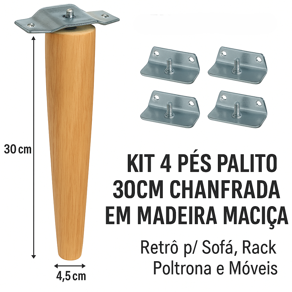 Kit Pés Palito 30cm com Chapinhas – Madeira Maciça + Encaixe Rápido