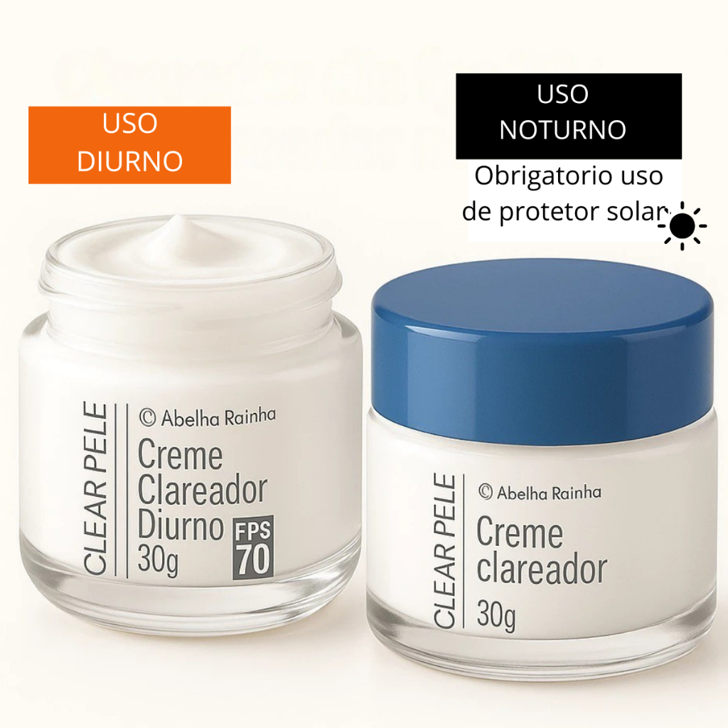 Kit Creme Clareador Facial Dia FPS 70 + Creme Noturno para Tratamento de Manchas e Melasmas Clear Pele Abelha Rainha .