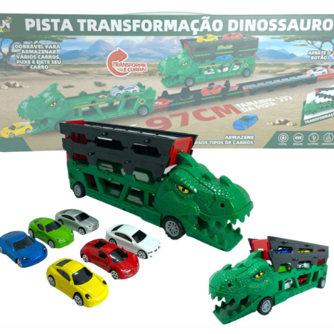 Carrinho Carreta Caminhão Cegonha Com Pista E Carrinhos Dino