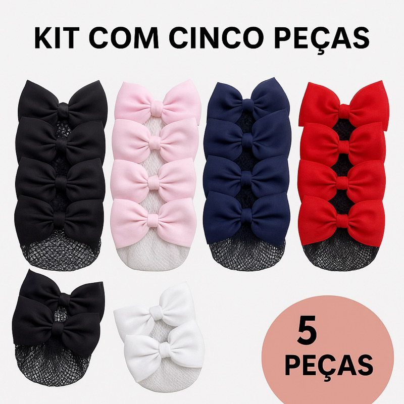 kit com 05 laços de cabelo com redinha para coque de bailarina acessório para cabelo feminino