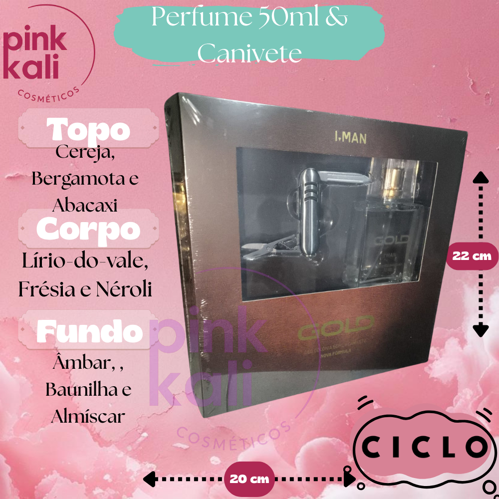 Kit I-MAN GOLD: Perfume 50ml + Canivete CICLO creme corporal perfumado feminino viagem nova formula