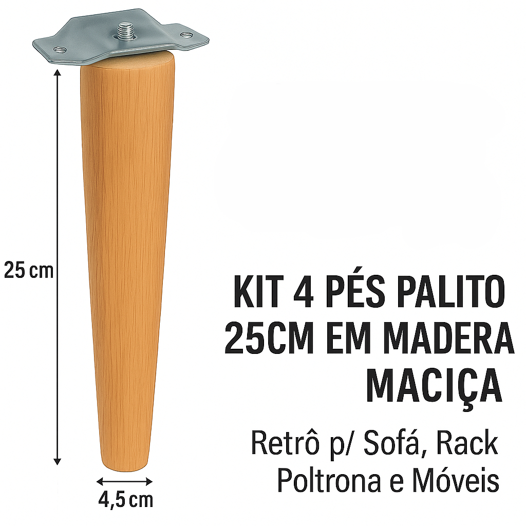 4 Pés Palito 25cm + Chapinhas Chanfradas – Kit Retrô p/ Móveis 🧰