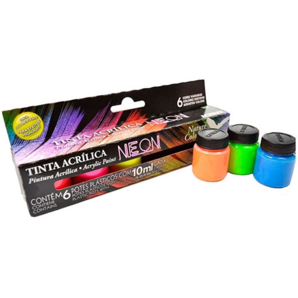 Tinta Acrílica Neon 6 Cores 10ml Nature Colors Amarelo Laranja Maravilha Fluorescente Sob Luz Negra