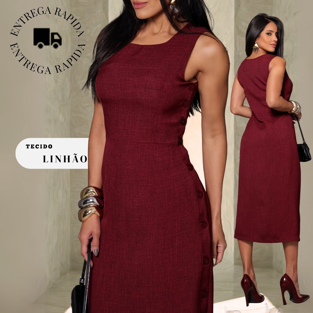 Vestido feminino Midi luxo forrado internamente com detalhes de botão regulável em Oferta na Shopee