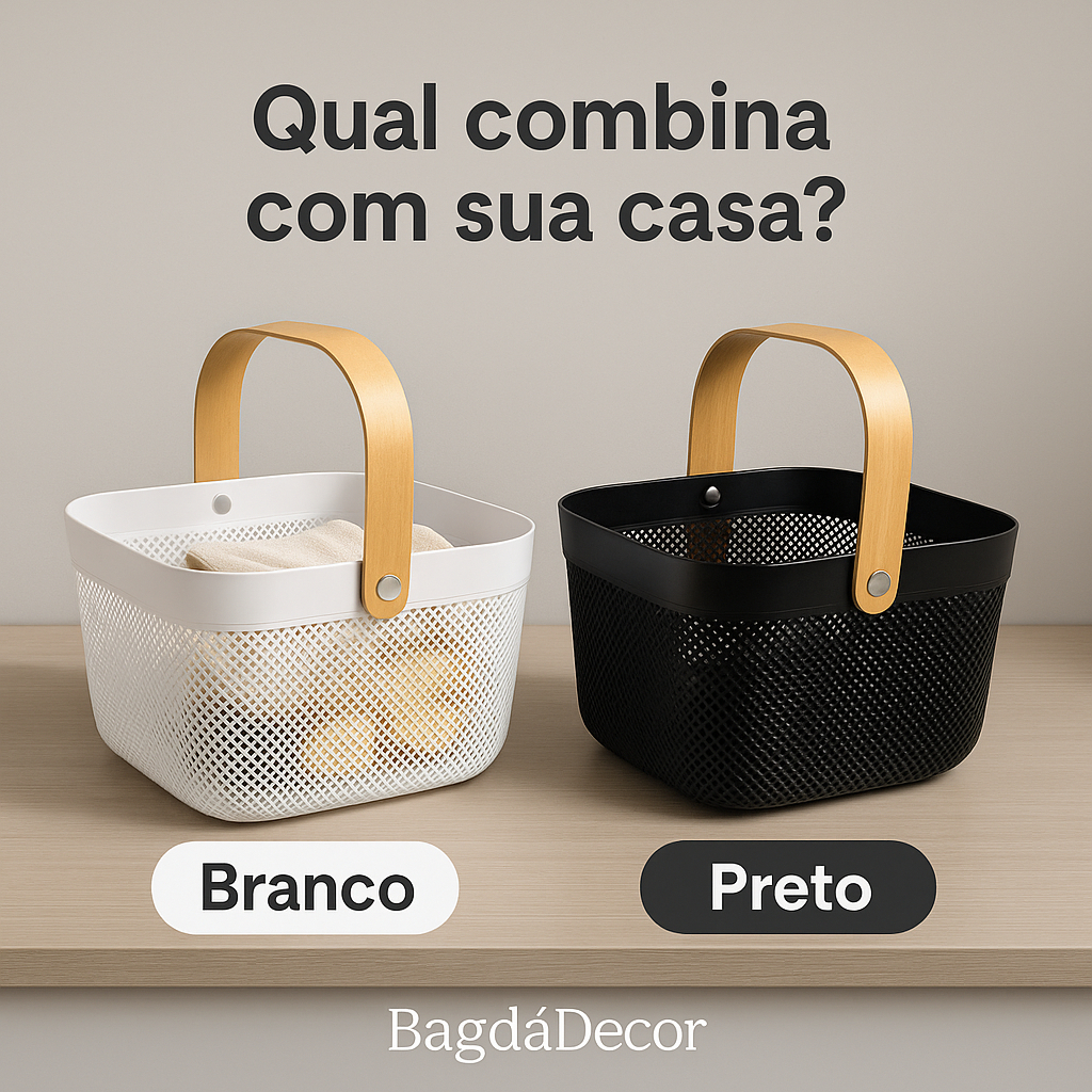 ✅ Cesto Multiuso com Alça de Bambu | Organizador Elegante para Banheiro, Cozinha ou Lavand...