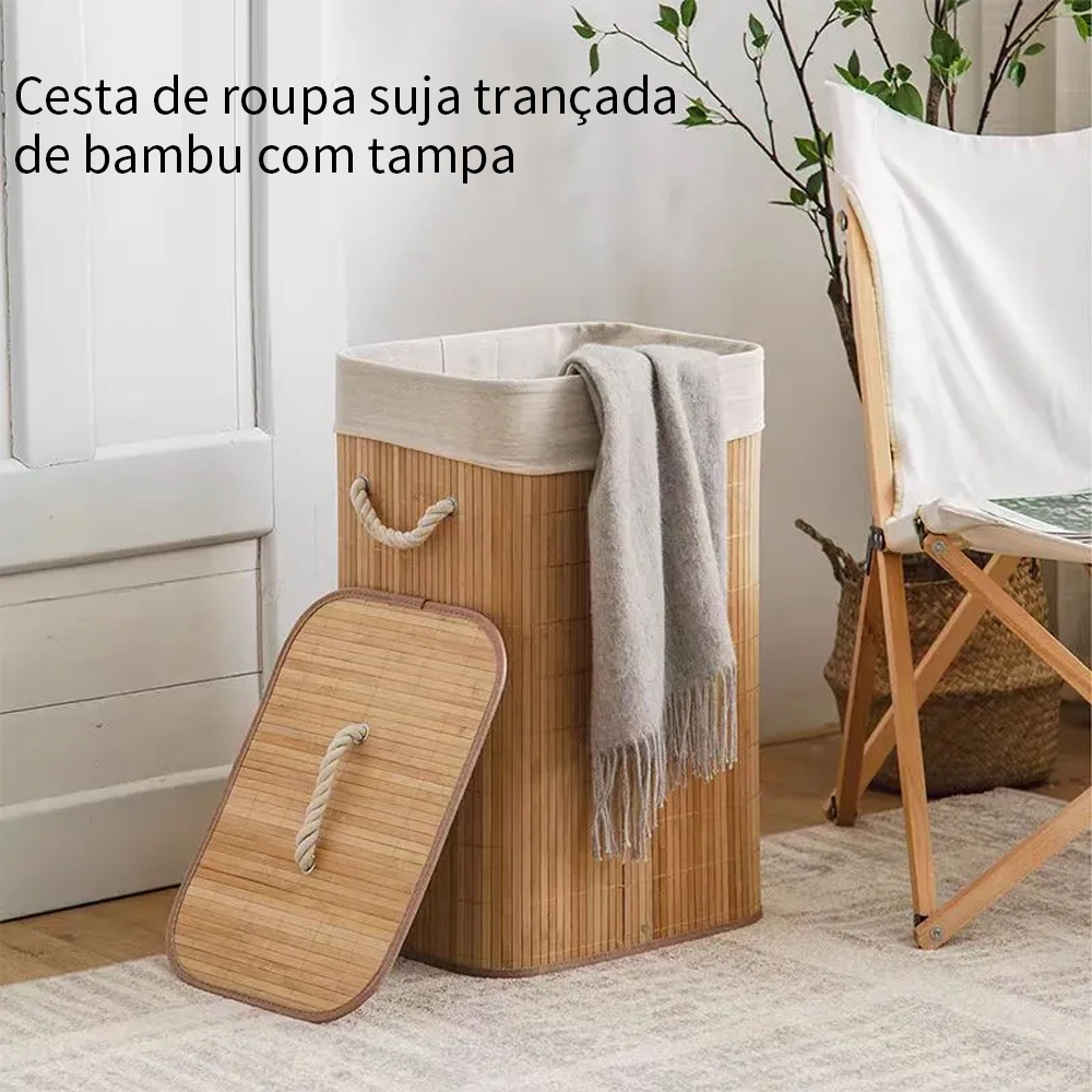 Cesto De Roupa Bambu Caixa Suja Bambu Lavanderia Com Tampa e Forrado Grande Organizador Ba...